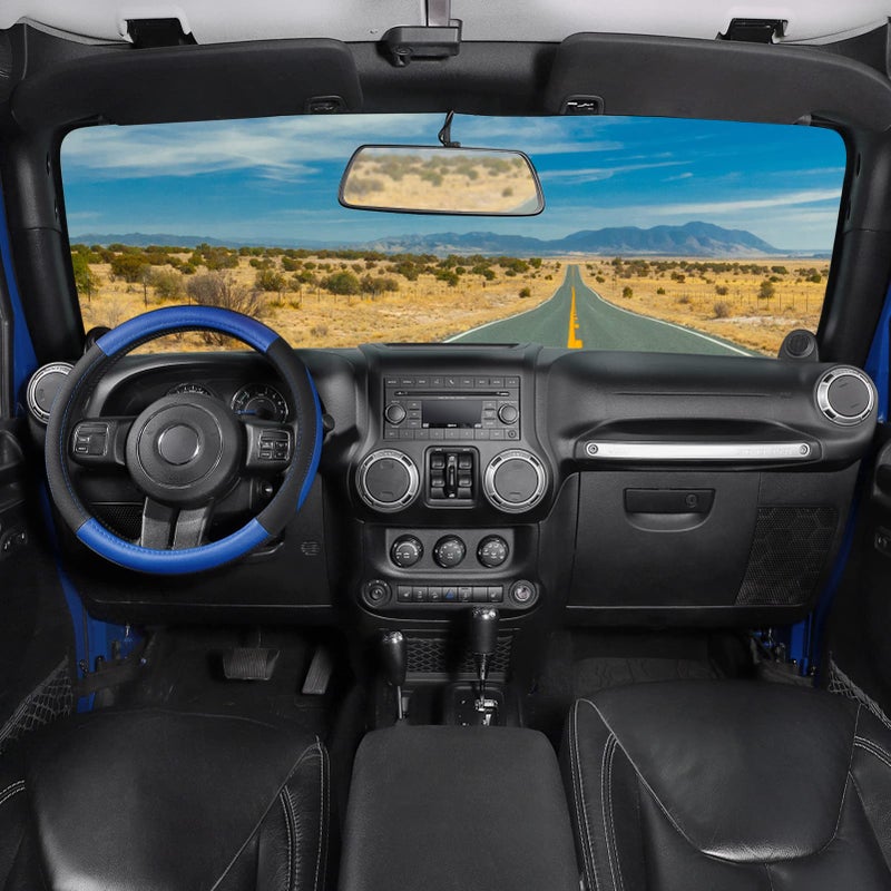 SEG Direct Car Steering Wheel Cover for F-150 Tundra Range Rover 15.5-16 inch, Black and Blue Microfiber Leather - Image 2